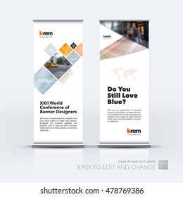 Vector set of modern roll Up Banner stand design with abstract geometric elements with overlap effect for business and finance. Brochure and presentation for exhibition, show.