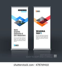 Vector set of modern roll Up Banner stand design with red rhombus, rectangle and diagonal strip with overlap effect for business and construction. Brochure and presentation for exhibition, show.