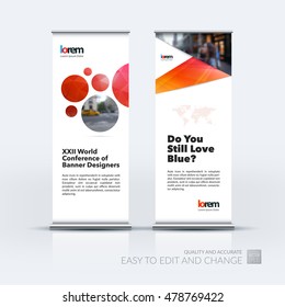 Vector set of modern roll Up Banner stand design with abstract geometric elements, circles with overlap effect for business and finance. Brochure and presentation for exhibition.