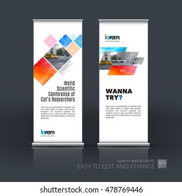 Vector set of modern roll Up Banner stand design with abstract geometric elements with overlap effect for business and finance. Brochure and presentation for exhibition, show.