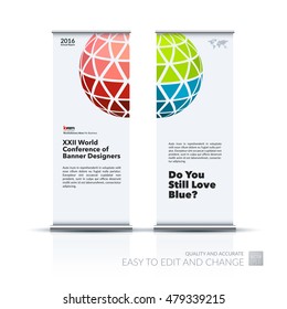 Vector set of modern roll Up Banner stand design with abstract blue dynamic rectangles and sphere with overlap effect for business and finance. Brochure and presentation for exhibition, show.