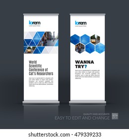 Vector set of modern roll Up Banner stand design with abstract blue geometric shapes on polygonal background with overlap effect for business and finance. Brochure and presentation for exhibition.