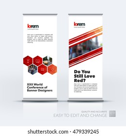 Vector set of modern roll Up Banner stand design with abstract blue geometric shapes on polygonal background with overlap effect for business and finance. Brochure and presentation for exhibition.