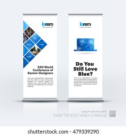 Vector set of modern roll Up Banner stand design with abstract blue geometric shapes on polygonal background with overlap effect for business and finance. Brochure and presentation for exhibition.