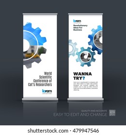 Vector set of modern roll up banner stand design with blue gear and polygonal background for engineering, construction and hi-tech. Corporate vector vertical flyer for exhibition and show.