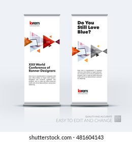 Vector set of modern roll up banner stand design with red triangles, arrow with overlap effect for business with construction and industrial concept. Corporate vector vertical flyer.