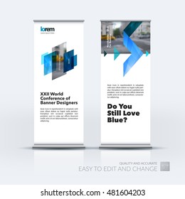Vector set of modern roll up banner stand design with blue green triangles, arrow, ribbon with overlap effect for business with construction and industrial concept. Corporate vector vertical flyer.
