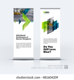 Vector set of modern roll up banner stand design with blue green triangles, arrow, ribbon with overlap effect for business with construction and industrial concept. Corporate vector vertical flyer.
