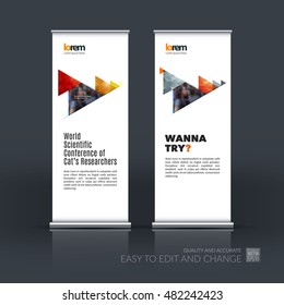 Vector set of modern roll up banner stand design with orange moving triangles, arrows with polygonal background for business. Corporate vector vertical flyer. Leaflet for exhibition, show, festival.