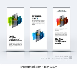 Vector set of modern roll up banner stand design with blue green red arrow, rectangles with overlap effect for business with construction and industrial concept. Corporate vector vertical flyer.