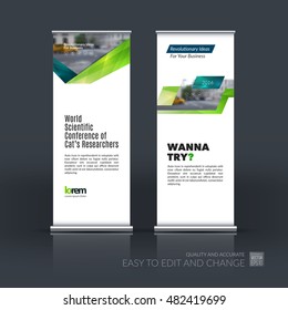 Vector set of modern roll up banner stand design with blue green triangles, arrow, ribbon with overlap effect for business with construction and industrial concept. Corporate vector vertical flyer.