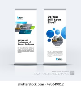 Vector set of modern roll Up Banner stand design with abstract geometric elements, circles with overlap effect for business and finance. Brochure and presentation for exhibition.