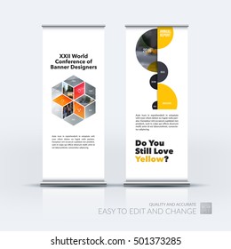 Vector set of modern roll up banner stand design with orange yellow, grey rhombus, rectangle for business, finance and construction. Brochure and presentation for exhibition and show.