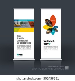 Vector set of modern roll Up Banner stand design with colorful rectangles and diagonals for business, building, consulting. Brochure and presentation for exhibition, show, fair.