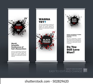Vector set of modern roll Up Banner stand design with Black Friday sale inscription design template, marketing price tag, discount, advertising, explosion. Brochure for exhibition, fair.