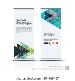 Vector set of modern roll Up Banner stand design with polygonal elements, diagonal, triangles for business, building, finance. Brochure for exhibition, fair, festival, show. Chrome tubes, clear style.