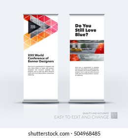 Vector set of modern roll Up Banner stand design with polygonal elements, diagonal, triangles for business, building, finance. Brochure for exhibition, fair, festival, show. Chrome tubes, clear style.