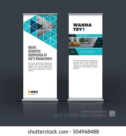 Vector set of modern roll Up Banner stand design with polygonal elements, diagonal, triangles for business, building, finance. Brochure for exhibition, fair, festival, show. Chrome tubes, clear style.