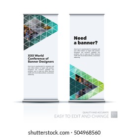 Vector Set Of Modern Roll Up Banner Stand Design With Polygonal Elements, Diagonal, Triangles For Business, Building, Finance. Brochure For Exhibition, Fair, Festival, Show. Chrome Tubes, Clear Style.