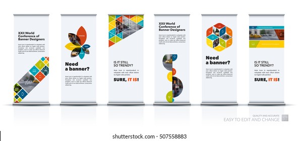 Vector Set Of Modern Roll Up Banner Stand Design With Triangles, Rectangular Elements, Squares, Circles, Flowers For Business, Finance. Brochure For Exhibition, Fair, Show, Fest. 