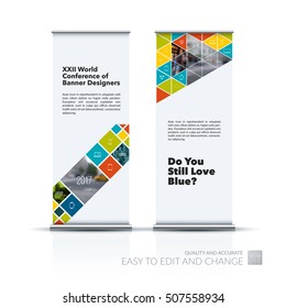 Vector set of modern roll Up Banner stand design with colourful triangles, rectangular geometric elements, squares for business, finance. Brochure for exhibition, fair, show, fest. 