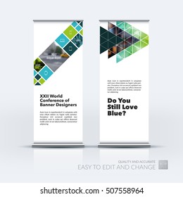 Vector set of modern roll Up Banner stand design with triangles, rectangular geometric elements, squares for business, finance. Brochure for exhibition, fair, show, fest. 
