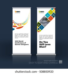 Vector set of modern roll Up Banner stand design  with perspective rounds, rectangles, squares, for business, consulting, internet, IT, computers, networks. Brochure for exhibition, show