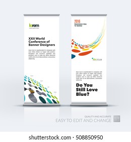 Vector set of modern roll Up Banner stand design  with colourful perspective rounds, dots, spots, for business, consulting, internet, IT, computers, networks. Brochure for exhibition, fair, show