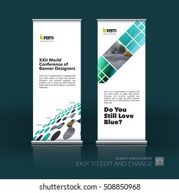 Vector set of modern roll Up Banner stand design  with green perspective rounds, rectangles, squares, for business, consulting, internet, IT, computers, networks. Brochure for exhibition, show