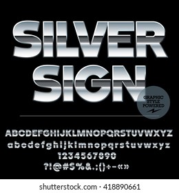 Vector set of modern silver alphabet letters, numbers and punctuation symbols. Sans ultra bold style