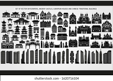 Vector set of modern skyscrapers, ancient castles and fortress, European houses and traditional Chinese buildings.