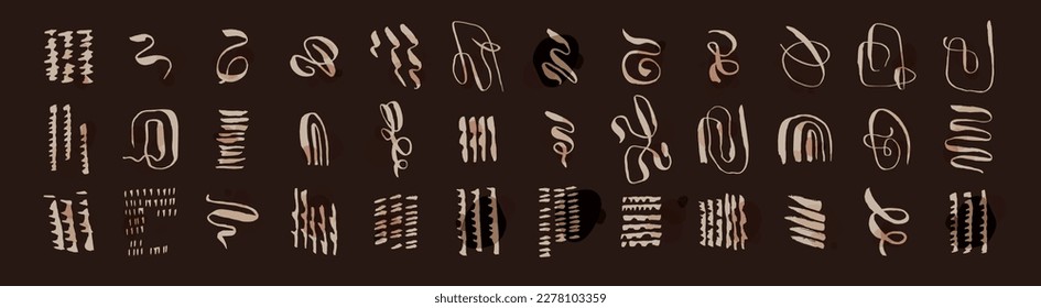 Conjunto vectorial de líneas estilizadas a mano, círculos, manchas, olas, composiciones de nudos de pincel. Mínima colección de arte contemporáneo. Elementos dibujados a mano con forma ondulada, fondo negro