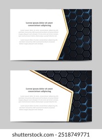 Conjunto de Vector de tecnología moderna de tarjetas futuristas. Fondo abstracto hexagonal negro y azul.  Fondo negro de lujo geométrico oscuro del panal para la tarjeta de visita o la presentación.