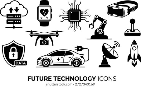 Vektorgrafik moderner Technologie-Symbole. Die Kollektion umfasst Elektroautos, Drohne, VR-Headset, Smartwatch, Roboterarm, Cloud Computing, Mikrochip und Datensicherheitssymbole. Schwarzes flaches Design einzeln auf weißem Hintergrund.
