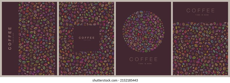 Conjunto vectorial de carros verticales modernos con granos de café para afiches, plantillas para folletos, pancartas, invitaciones, diseño de menús de restaurantes o cafés.