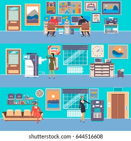 Vector set of modern workspace interiors with office furniture, office equipment and business people, flat style illustration.