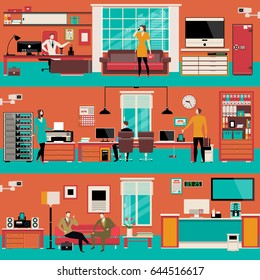 Vector set of modern workspace interiors with office furniture and equipment. Cabinet, reception, business situations, flat style illustration.