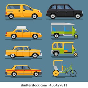 Vektor-Set von modernen Taxi-Autos und Fahrzeuge mit gelbem Taxi, Hackney-Kutsche, Tuk-Tuk, Velotaxi, Babytaxi Auto Rikscha. 