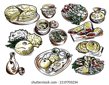 Vector Set of Moldavian national food: pies, hominy, cottage cheese, skrob eggs, corn porridge, fresh and grilled vegetables, wine, potatoes in a pot, fish, meat