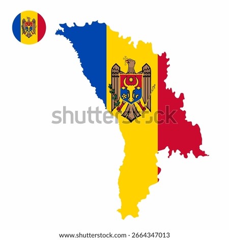 Vector set of Moldova high detailed map flag and national flag round badge isolated on white background.