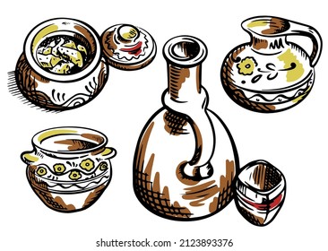 Vector set of Moldovan national dishes: a pot of potatoes, a bottle of wine, a jug of sour cream, a pot with a pattern