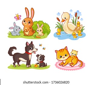 Vector set and mom   baby pets cartoon style  Collection cute forest mammals white background 
