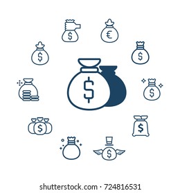 Vector Set of money bag line icons.