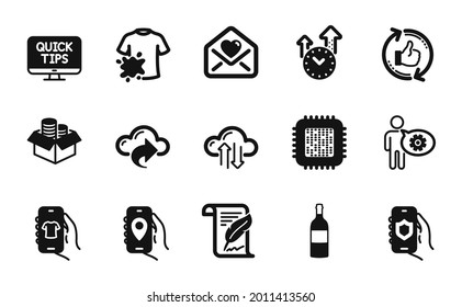 Vector set of Money box, Wine bottle and Time management icons simple set. Location app, Cloud sync and Web tutorials icons. Love letter, Cogwheel and Cloud share signs. Vector