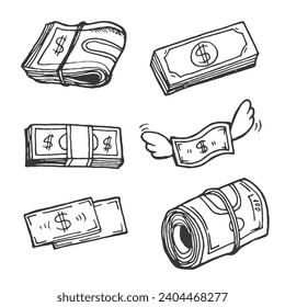 Vector Set of Money. Hand Drawn doodle Dollar Banknotes and Coins