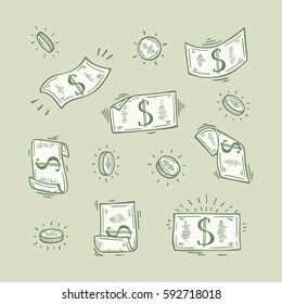 Vector Set Of Money. Hand Drawn Doodle Dollar Banknotes And Coins