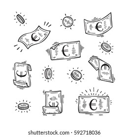 Vector Set of Money. Hand Drawn doodle Euro Banknotes and Coins