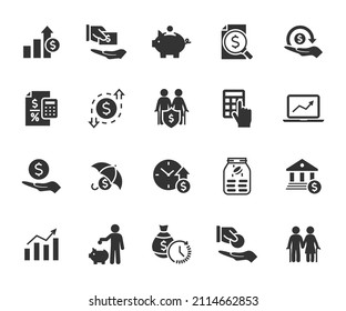 Vector set of money income flat icons. Contains icons profit, expenses, income tax, pension fund, piggy bank, loan, income protection, profit and loss and more. Pixel perfect.