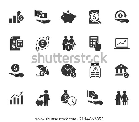 Vector set of money income flat icons. Contains icons profit, expenses, income tax, pension fund, piggy bank, loan, income protection, profit and loss and more. Pixel perfect.