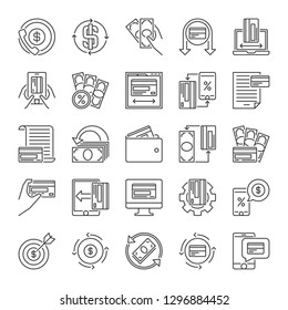 Vector set of Money minimal line icons - finance concept symbols or design elements in outline style